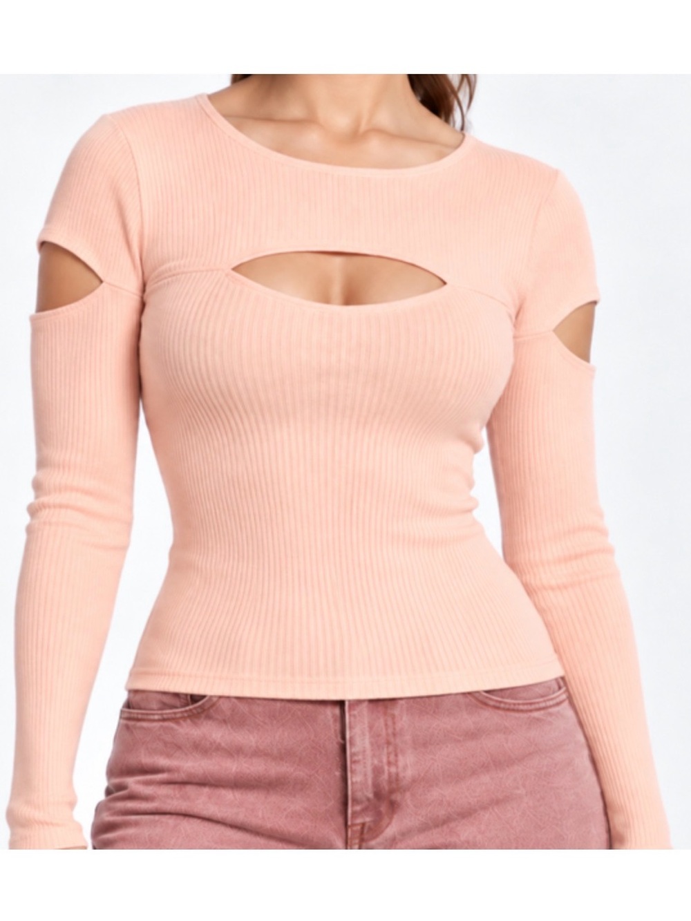 Bebe Pink Ribbed Knit Scoop Neck Cutout Long Sleeve Stretch Pullover Top S